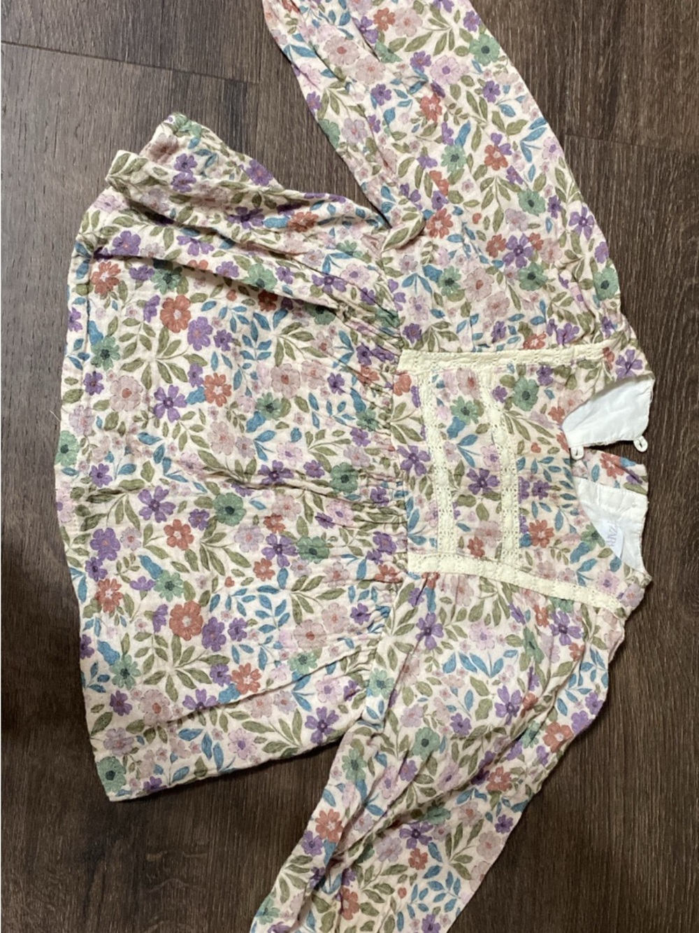 Zara Floral Long-Sleeve Blouse in Cream with Purple, Green & Pink Flowers